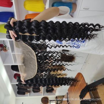 Deep Curl Virgin Human Hair Bundles with HD Lace Frontal Unprocessed Cuticle Aligned Double Drawn Bundle Deals Remy Hair Vendor